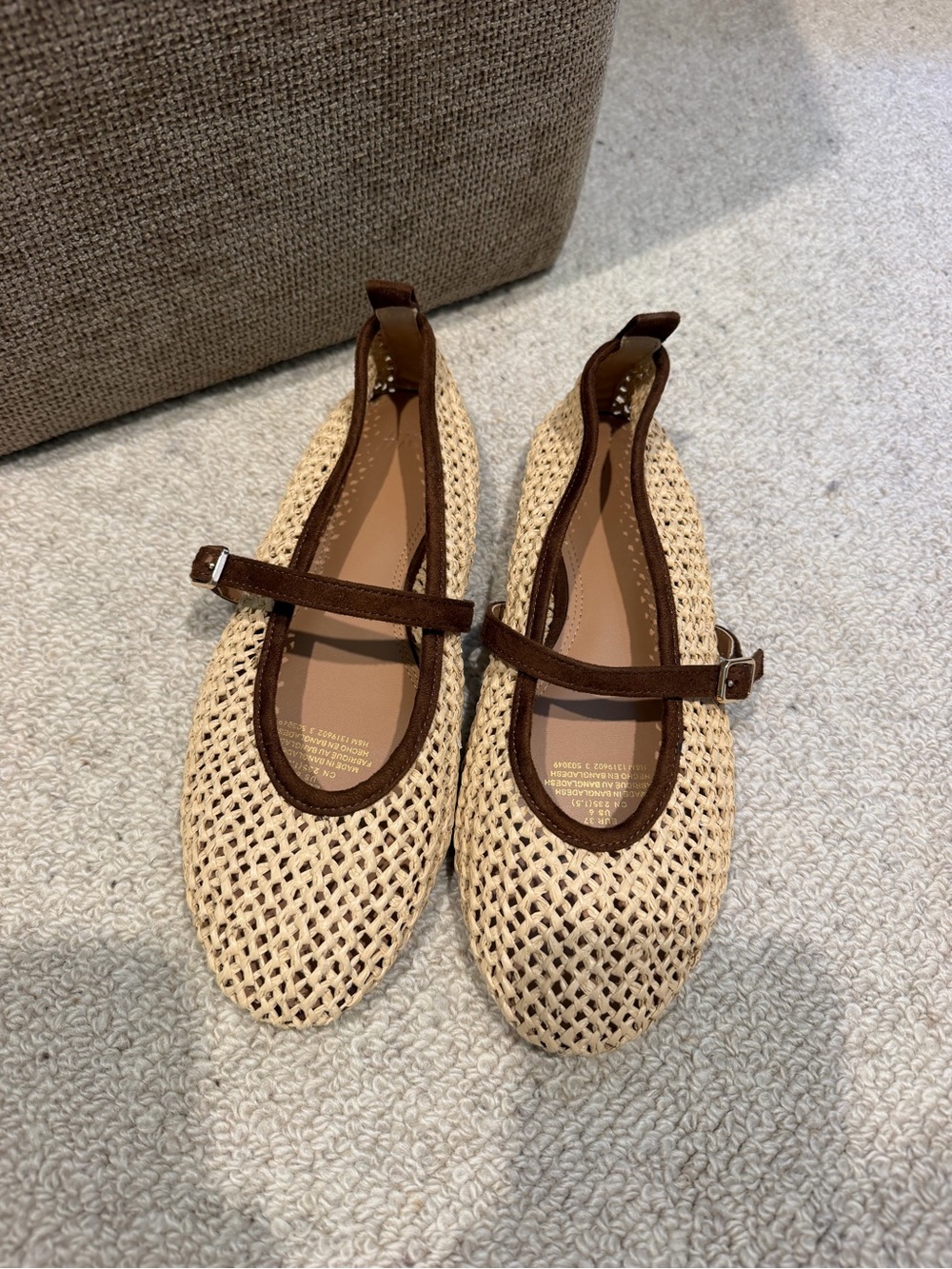 H&M Cream Woven Mary Jane Flats with Brown Trim